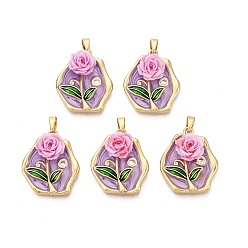 Средний Фиолетовый Латунь эмаль подвески, шестиугольные и цветочные подвески, с использованием смолы и микропаве из прозрачного кубического циркония, реальный 18 k позолоченный, средне фиолетовый, 22x19x6.5~7.5 мм, отверстие : 5x2.5 мм