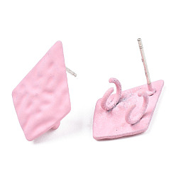 Pink Spray Painted Iron Stud Earring Findings, with Double Vertical Loops, Kite, Pink, 18x11mm, Hole: 3mm, Pin: 0.7mm