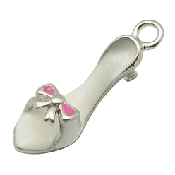 Weiß Messing Emaille-Anhänger, Schuhe mit hohen Absätzen, Platin Farbe, weiß, 7x23x7 mm, Bohrung: 2 mm