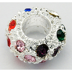 Разноцветный Европейские бусины, сплав, стразы , бусины с большим отверстием, рондель, серебряный цвет гальваническим, красочный, 11x6 мм, отверстие : 5 мм