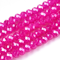 Фуксиновый Выпечки нарисованных стеклянных бусин прядей, имитация нефрита, гальваническое покрытие, граненые, рондель, красно-фиолетовые, 3x2.5 мм, отверстие : 0.8 мм, около 135~140 шт / нитка, 32~34 см