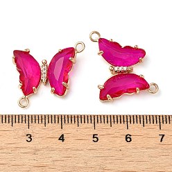 Fuchsia Brass Pave Faceted Glass Connector Charms, Golden Tone Butterfly Links, Fuchsia, 20x22x5mm, Hole: 1.2mm