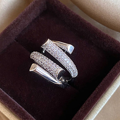 Платина Модные латунные кольца-манжеты с микропаве из прозрачных кубических цирконий, геометрические кольца для женщин, платина, внутренний диаметр: 16~19 мм