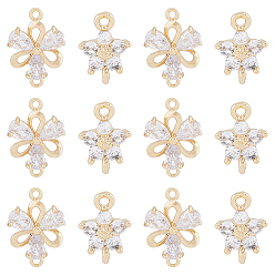 Настоящее золото 18K 12 шт. 2 стили латунные прозрачные стеклянные соединительные подвески, цветок ссылки, реальный 18 k позолоченный, 12~18x8~12.5x3 мм, отверстие : 1.2 мм, 6 шт / стиль