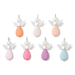 Платиновый & Серебристый Подвески-крылья из акрила и сплава, с абс пластиковой имитации жемчужина круглые бусины, ангельские прелести, Платина и серебро, 35x21.5x7.5 мм, отверстие : 3.8 мм