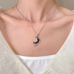 Moon Alloy Enamel Black Melting Pendant Necklaces, Platinum, Moon, 18.11 inch(46cm), pendant: 20x19mm