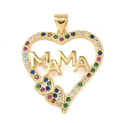 Золотой Подвески ко Дню матери из латуни с микропаве и разноцветными кубическими циркониями., сердце со словом мама прелести, золотые, 26x24x2.5 мм, отверстие : 4x2.5 мм