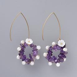 Amethyst Chip Natural Amethyst Dangle Earrings, with Natural Pearl Beads, 
Natural Trochid Shell Beads, Golden Plated 304 Stainless Steel Earring Hooks and Cardboard Packing Box, 75mm, Pin: 0.7mm