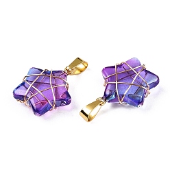 Средняя Орхидея Подвески lampwork, подвеска-звезда в виде медной проволоки, золотые, средне орхидеи, 22.5x19.5x8 мм, отверстие : 2.5~4x6 мм