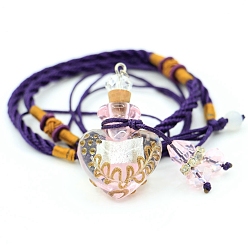 Pink Baroque Style Heart Handmade Lampwork Perfume Essence Bottle Pendant Necklace, Adjustable Braided Cord Necklace, Sweater Necklace for Women, Pink, Bottle: 40x22mm