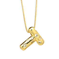 Letter T Колье с кулоном из латуни с прозрачным фианитом и прозрачным фианитом, реальный 18 k позолоченный, Письмо T, 17.72 дюйм (45 см)