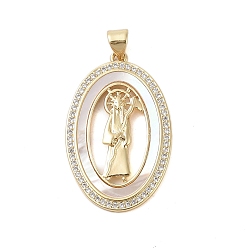 Real 18K Gold Plated Brass Micro Pave Clear Cubic Zirconia Pendants, Cadmium Free & Lead Free, with Shell, Oval with Jesus, Real 18K Gold Plated, 32.5x20.5x3mm, Hole: 4x3.5mm
