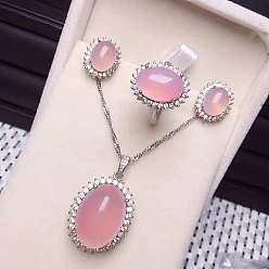 Pink 925 ожерелья, серьги и кольца из стерлингового серебра с микропаве из прозрачных кубических цирконий и натуральным халцедоном, платина, овальные, розовые, 400 мм