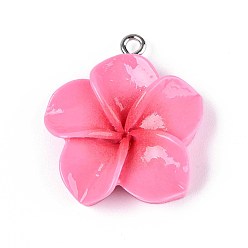 Ярко-Розовый Непрозрачные подвески смолы, плюмерия, с платиновым тоном железная петля, ярко-розовый, 27~28x24~25x6.5~8 мм, отверстие : 2 мм