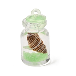 Pale Green Transparent Resin & Natural Shell Pendants, Wishing Bottle with Conch Charms, Pale Green, 29x15mm, Hole: 1.8mm
