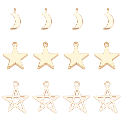 Real 18K Gold Plated 36Pcs 3 Style Brass Pendants, Loops, Star & Moon & Hollow Star, Real 18K Gold Plated, 13x11x0.8mm, Hole: 1.5mm