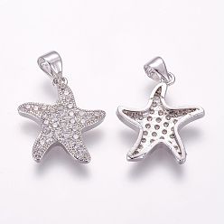 Платина Латунные микро проложить кубического циркония подвески, морская звезда / морские звезды, платина, 19x17.5x3 мм, отверстие : 3x5 мм