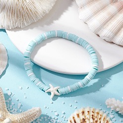 Морская звезда Плоские круглые браслеты ручной работы из полимерной глины heishi с бусинами, составные браслеты для женщин, с синтетической бирюзовой крошкой и фарфором, морская звезда, внутренний диаметр: 2-1/4 дюйм (5.7 см), звезды: 13.5x14.5x6 мм