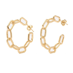 Real 18K Gold Plated Semicircular Brass Half Hoop Earrings, Stud Earrings, with Ear Nuts, Long-Lasting Plated, Textured, Cable Chain Shape, Real 18K Gold Plated, 6x31.5mm, Pin: 0.8mm