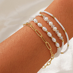 Белый 4шт. 4 стили модные пластиковые браслеты из искусственного жемчуга, натурального пресноводного жемчуга и стеклянных бусин, эластичные, 304 браслеты из нержавеющей стали, для женщин, белые, 6.89 дюйм (17.5 см)