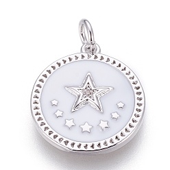 Платина Латунные подвески эмали пентакль, с кубического циркония, плоские круглые со звездой, белые, платина, 18x16x2 мм, отверстие : 3.5 мм