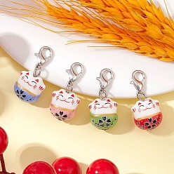 (52) Непрозрачная лаванда Фарфоровые подвески манэки-нэко ручной работы, Застежки-когти из сплава омара, подвески для украшений сумок, разноцветные, 28.5 мм