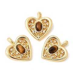 Настоящее золото 18K Природных тигровый глаз подвески, подвески в форме сердца с латунными микропаве из прозрачных кубических цирконий, реальный 18 k позолоченный, 19~19.5x17x5~5.7 мм, отверстие : 2x2.8 мм