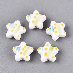 Aciano Azul Cuentas de porcelana hechas a mano, pintado a mano, famille porcelana rosa, estrella con rayas y lunares, azul aciano, 15x15.5~16.5x7.5~8.5 mm, agujero: 2~2.5 mm
