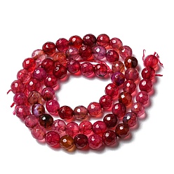 Cerise Natural Agate Beads Strands, Dyed & Heated, Round, Faceted, Cerise, 6mm, Hole: 1mm, about 62pcs/strand, 14.37~14.76 inch(36.5~37.5cm)