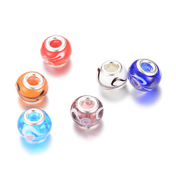Mixed Color Rondelle Lampwork Large Hole European Beads, with Silver Color Plated Brass Cores, Mixed Color, 13~14x10~11mm, Hole: 5mm