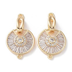 Golden Rack Plating Brass Pave Clear Cubic Zirconia Fold Over Clasps, Flat Round, Cadmium Free & Lead Free, Long-Lasting Plated, Golden, Round: 16.5x15x3mm, Clasp: 12x4x5mm, Hole: 1.6mm