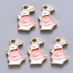 Pink Alloy Enamel Charms, Rabbit, Light Gold, Pink, 14x9x2mm, Hole: 1.5mm