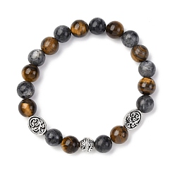 Смешанные камни Браслеты из сплава, натурального тигрового глаза и ларвикита с круглыми бусинами для мужчин и женщин, бусины : 10~10.5 мм, внутренний диаметр: 2-3/8 дюйм (5.9 см)