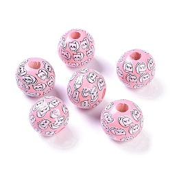 Pink Printed Wood Beads, Round Beads, Pink, 16x15mm, Hole: 4.3mm