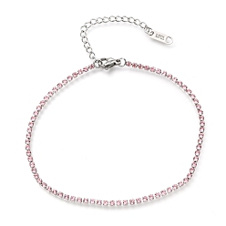 Pink 304 браслеты-цепочки из нержавеющей стали со стразами, с карабин-лобстерами , цвет нержавеющей стали, розовые, 8-3/8 дюйм (21.2 см)