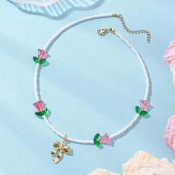 Светло-Вишневый Кулон в виде бантика из сплава, тюльпан, ожерелье из стеклянных бисеров для женщин., золотые, светло-вишневый, 16.02 дюйм (40.7 см)