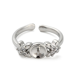 Платина Регулируемые латунные манжеты, компоненты открытых колец, с кубического циркония, за половину пробурено бисера, цветок, платина, лоток : 6 мм, 17 мм, штифт: 1 мм