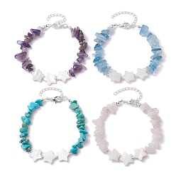 Mixed Stone 4Pcs 4 Style Natural & Synthetic Mixed Gemstone Chips Beaded Bracelets Set, Natural Shell Star Stackable Bracelets, 7-1/4 inch(18.3cm), 1Pc/style