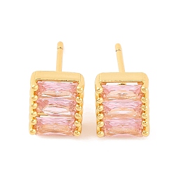 Бледно-Розовый Серьги-гвоздики из латуни с микропаве из кубического циркония для женщин, без свинца и без кадмия, прямоугольные, розовый жемчуг, розовый жемчуг, 9.5x7.5 мм