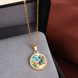 Aries Collares con colgante de disco de signo zodiacal de concha de abulón natural iridiscente de latón con circonita cúbica transparente para mujer, dorado, Aries, 15.75 pulgada (40 cm)