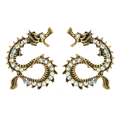 Crystal AB Alloy Rhinestone Cuff Earring, Dragon, Antique Golden, Crystal AB, 28x21mm