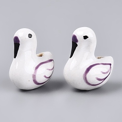 Средняя Орхидея Ручной фарфоровые керамические шарики, лебедь, Famille выросли стиле, средне орхидеи, 21~22x17.5~18.5x12.5~13.5 мм, отверстие : 1.6~2 мм