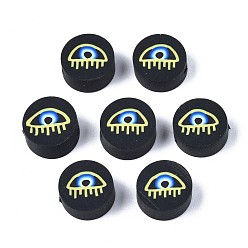 Черный Бусины из полимерной глины , плоские круглые с сглаза, чёрные, 9.5~10x4.5 мм, отверстие : 1.6 мм