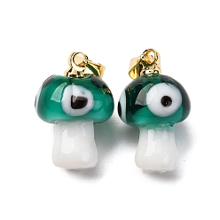 чирок Подвески лэмпворк ручной работы, гриб, с реечной накладкой из латуни с золотистым напылением, долговечный, зелено-синие, 16~17x9.5~10.5 мм, отверстие : 4.5x3.5 мм