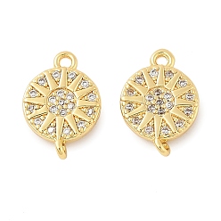 Настоящее золото 18K Шармы-соединители из латуни с микропаве из кубического циркония, без кадмия, без никеля и без свинца, плоские круглые с солнцем, реальный 18 k позолоченный, 13x9x3 мм, отверстия : 1 mm и 1.2 мм