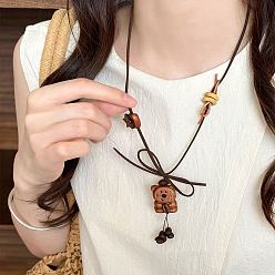 Oso Collar largo ajustable con colgante de oso de madera y grano de café para mujer., oso, 27.56 pulgada (70 cm), colgante: 60 mm
