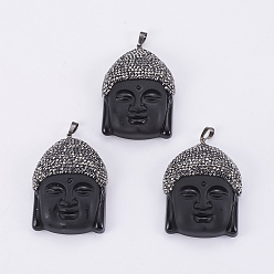 Black Glass Big Pendants, with Polymer Clay Rhinestone & Brass Findings, Buddha, Gunmetal, Black, 51x39x15mm, Hole: 5x8mm