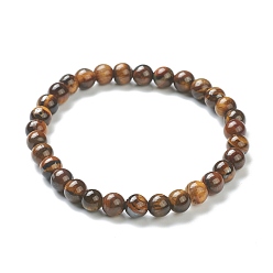 Tiger Eye Natural Tiger Eye Beaded Stretch Bracelets, Round, Beads: 6~6.5mm, Inner Diameter: 2-1/4 inch(5.55cm)