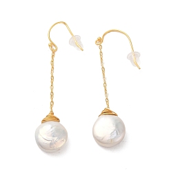 Real 18K Gold Plated Sterling Silver Dangle  Earrings, with Natural Pearl, Jewely for Women, Teardrop, Real 18K Gold Plated, 56x12mm