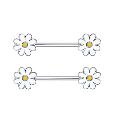 Цветок Латунные белые эмалевые кольца для сосков, 304 штифты для пирсинга сосков из нержавеющей стали, цвет нержавеющей стали, цветок, 16 мм, штифты : 1.6 мм